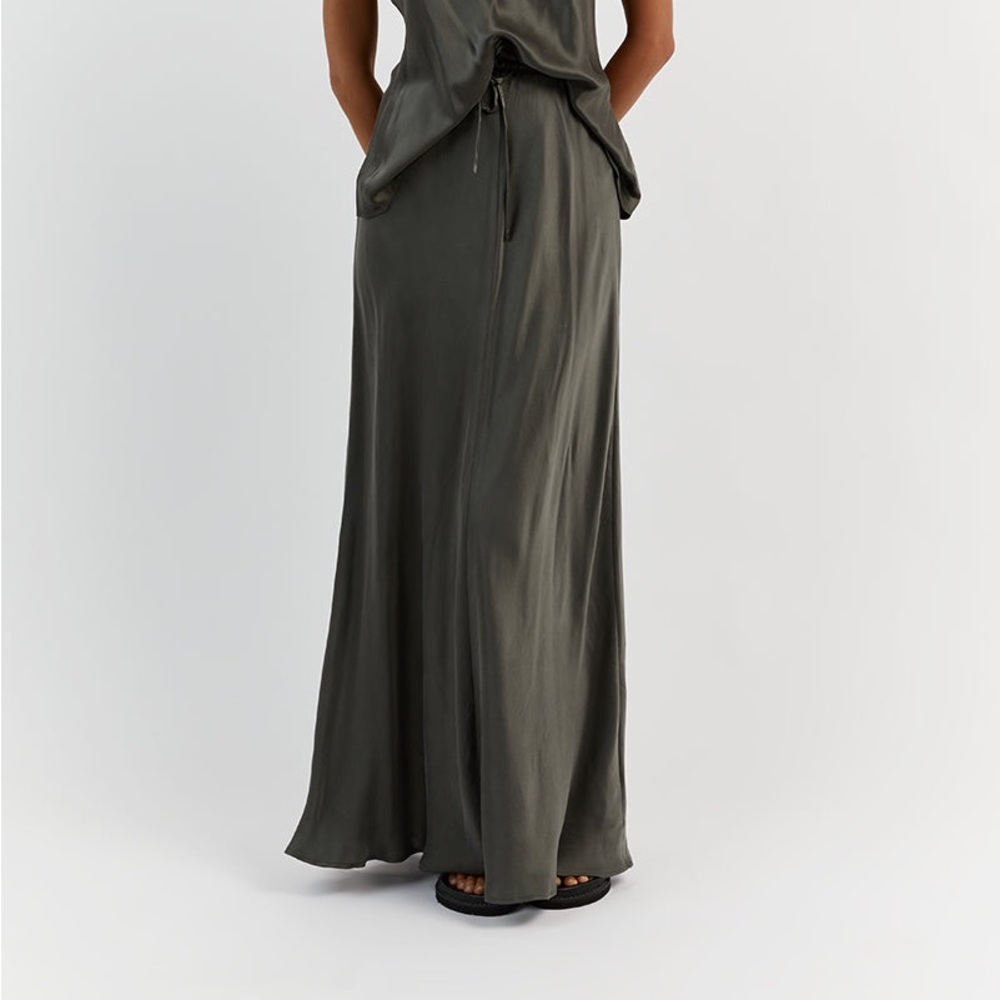 DISSH LAYLA DARK OLIVE SILK MIDI SKIRT